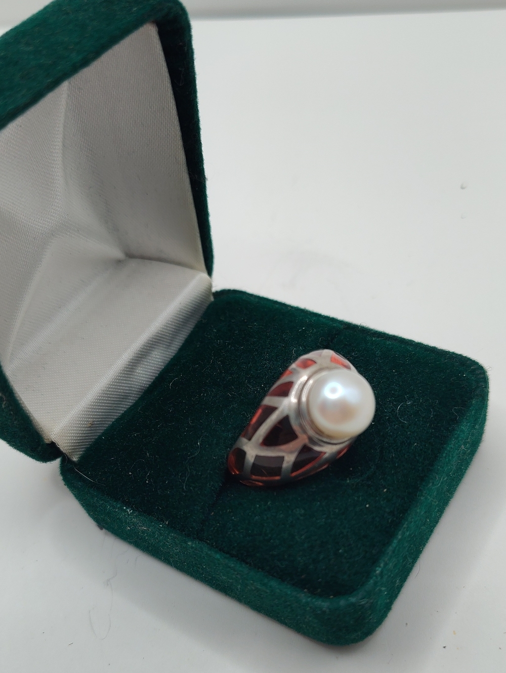 Sterling Genuine Pearl  Dome Ring, Red Lucite Silver Harlequin Pattern, Size 7